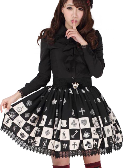 Alice Chess Grid Cute Printing Black Lace Sweet Lolita Skirt