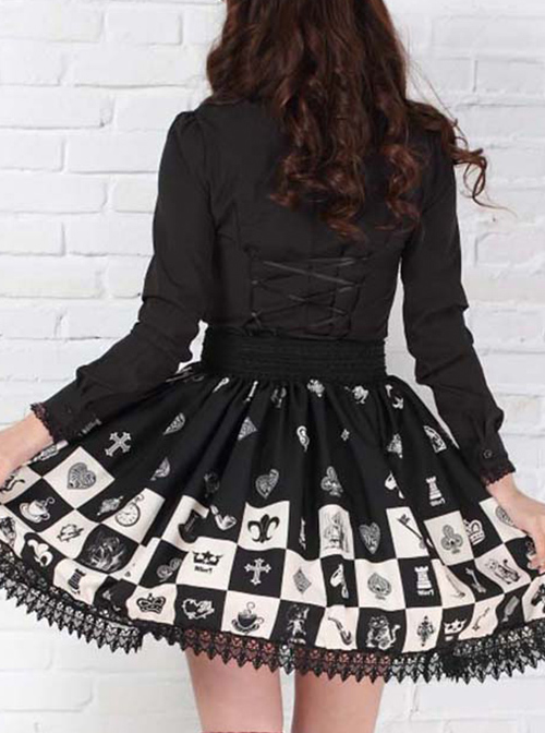 Alice Chess Grid Cute Printing Black Lace Sweet Lolita Skirt