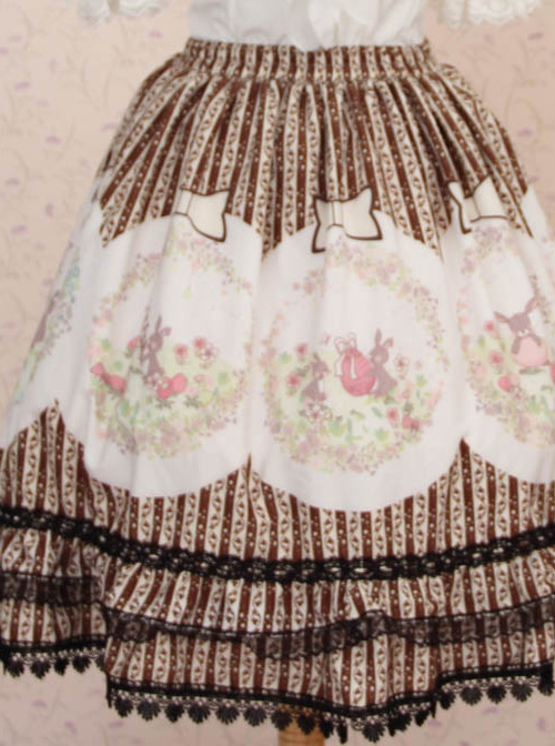 Easter Bunnys And Easter Eggs Printing Brown Stripes Sweet Lolita Skirt