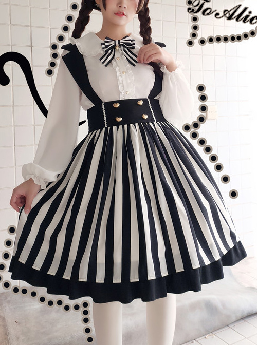 Lazy Kitten Series Black White Stripes Sweet Lolita Sling Skirt