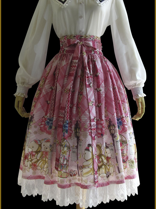Cute Little Bears Printing Sk High Waist Sweet Lolita Medium-length Skirt