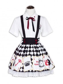 Sweet Lolita Embroidery White Short Sleeves Shirt And Poker Printing Sling Skirt Set