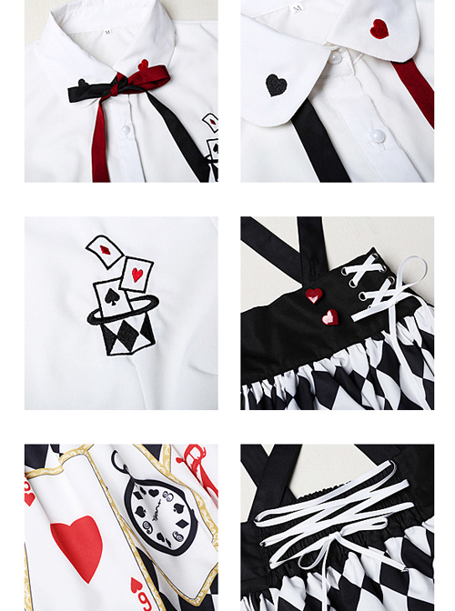 Sweet Lolita Embroidery White Short Sleeves Shirt And Poker Printing Sling Skirt Set