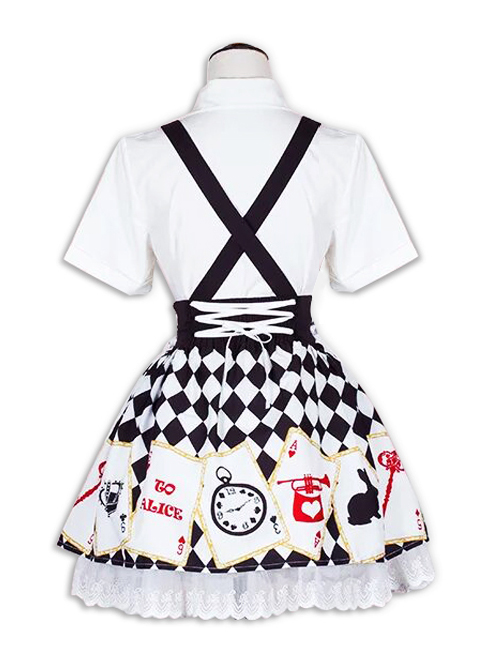 Sweet Lolita Embroidery White Short Sleeves Shirt And Poker Printing Sling Skirt Set