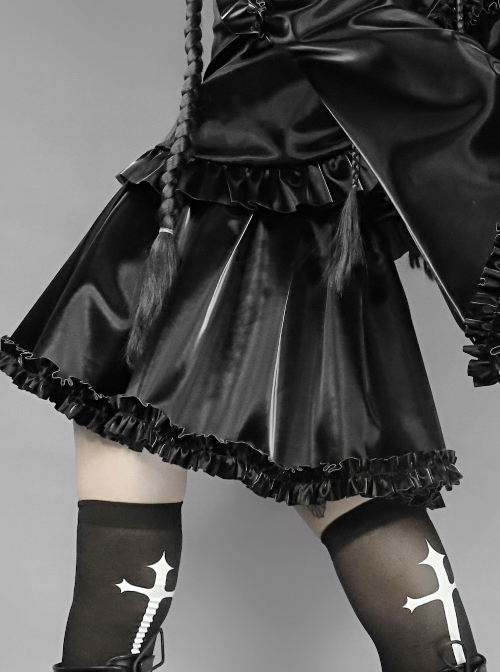 Gothic Black PU Soft Leather Frill Skirt