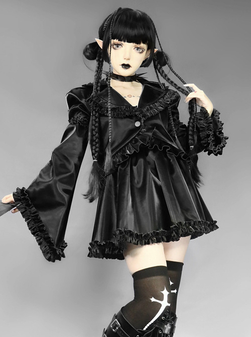 Gothic Black PU Soft Leather Frill Skirt