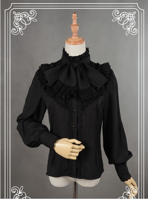 Black High Collar Bowknot Lantern Sleeve Lolita Blouse