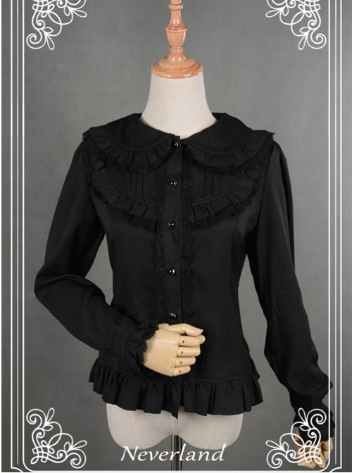 Black Lace Lapel Chiffon Long-sleeved Lolita Blouse