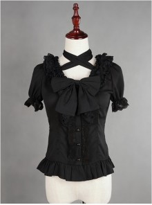 Black Lace Short Sleeve And Flare Sleeve Lolita Hang The neck Blouse