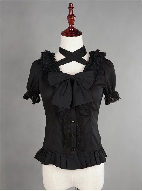 Black Lace Short Sleeve And Flare Sleeve Lolita Hang The neck Blouse