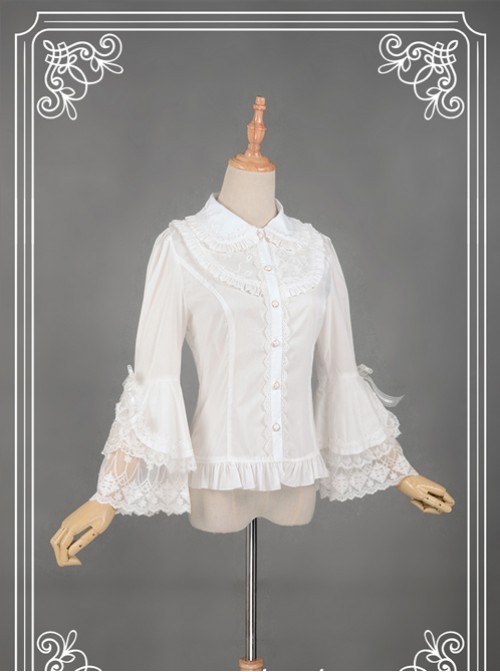 White Retro Mercerized Cotton Lace Flare Sleeve Lolita Blouse