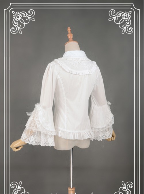 White Retro Mercerized Cotton Lace Flare Sleeve Lolita Blouse