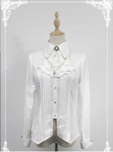 White Long Sleeve Cotton Stand Collar Bead Chain Lolita Blouse