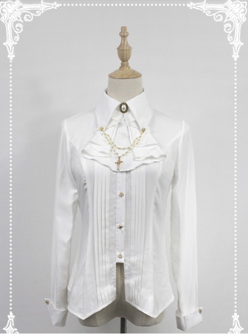 White Long Sleeve Cotton Stand Collar Bead Chain Lolita Blouse