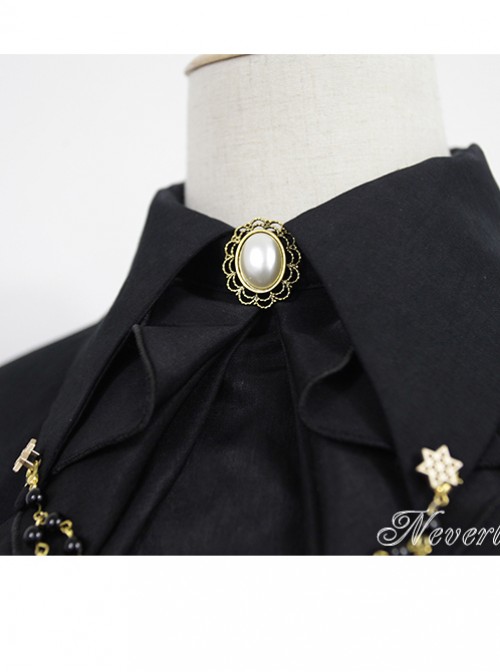 Black Long Sleeve Cotton Stand Collar Bead Chain Lolita Blouse