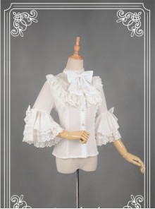 White Short Flare Sleeve Falbala Stand Collar Lolita Blouse