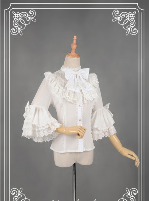 White Short Flare Sleeve Falbala Stand Collar Lolita Blouse