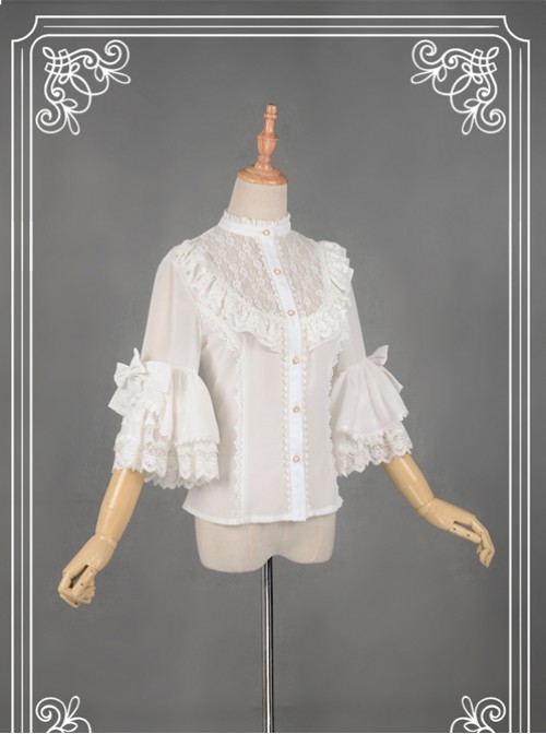 White Short Flare Sleeve Falbala Stand Collar Lolita Blouse