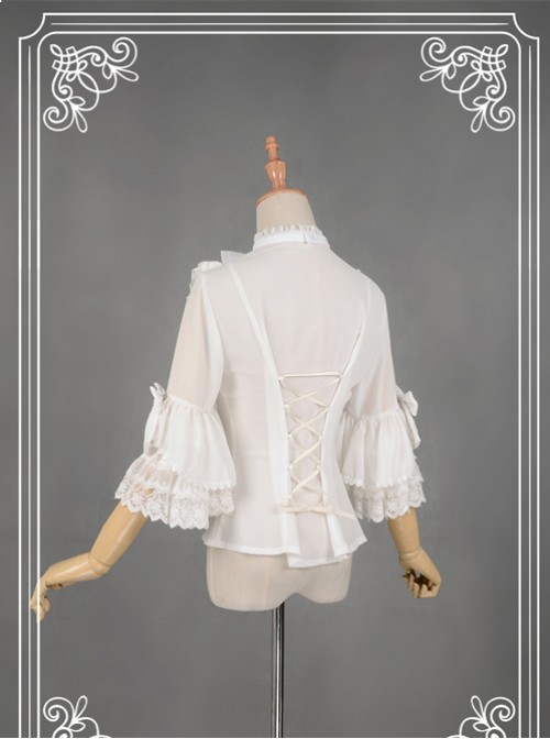 White Short Flare Sleeve Falbala Stand Collar Lolita Blouse