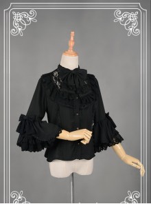 Black Short Flare Sleeve Falbala Stand Collar Lolita Blouse