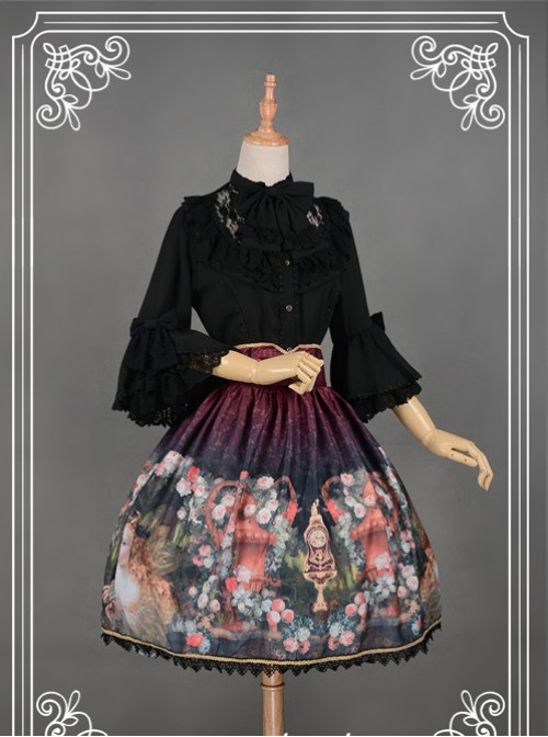 Black Short Flare Sleeve Falbala Stand Collar Lolita Blouse