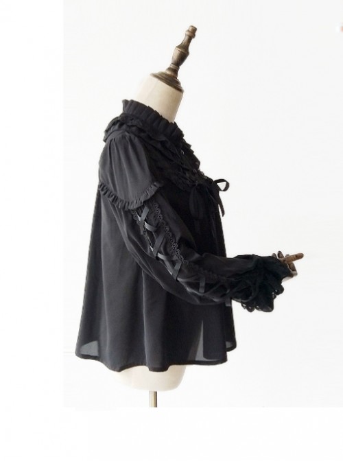 Warm Milk Tea Pure Cotton Black Lace Puff Sleeve Classic Lolita Shirt