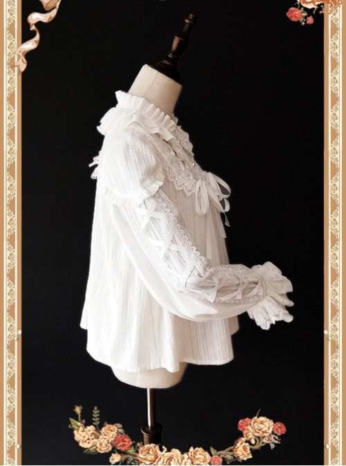 Warm Milk Tea Pure Cotton White Lace Puff Sleeve Classic Lolita Shirt