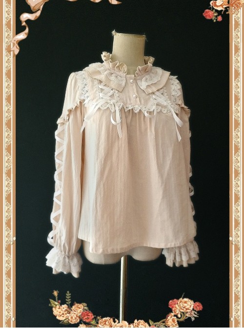 Warm Milk Tea Pure Cotton Apricot Color Lace Puff Sleeve Classic Lolita Shirt