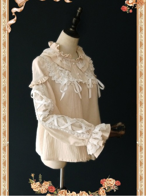 Warm Milk Tea Pure Cotton Apricot Color Lace Puff Sleeve Classic Lolita Shirt