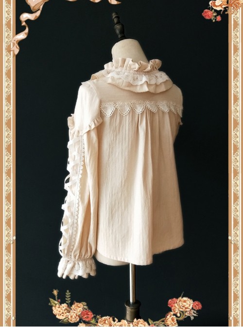 Warm Milk Tea Pure Cotton Apricot Color Lace Puff Sleeve Classic Lolita Shirt