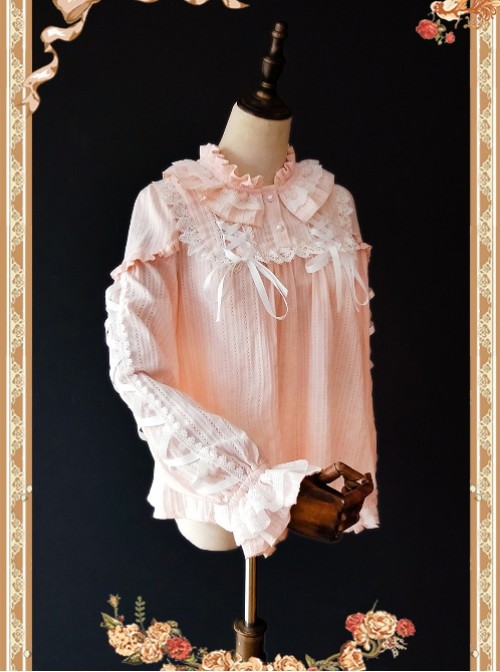 Warm Milk Tea Pure Cotton Pink Lace Puff Sleeve Classic Lolita Shirt