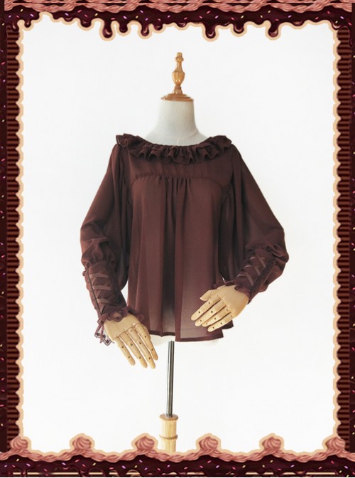 Sugar And Matcha Series Dark Brown Retro Bats Sleeve Classic Lolita Shirt