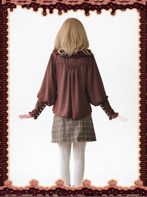 Sugar And Matcha Series Dark Brown Retro Bats Sleeve Classic Lolita Shirt