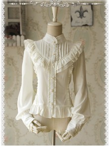 Moon's Elegy Standing Collar Accordion Pleats White Chiffon Long Sleeve Classic Lolita Shirt