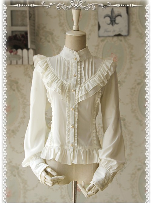 Moon's Elegy Standing Collar Accordion Pleats White Chiffon Long Sleeve ...