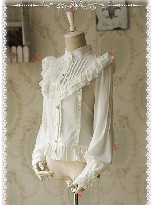 Moon's Elegy Standing Collar Accordion Pleats White Chiffon Long Sleeve Classic Lolita Shirt