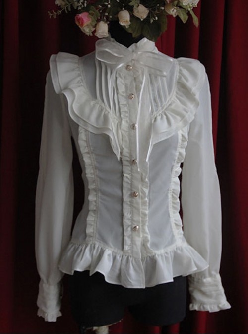 Moon's Elegy Standing Collar Accordion Pleats White Chiffon Long Sleeve Classic Lolita Shirt