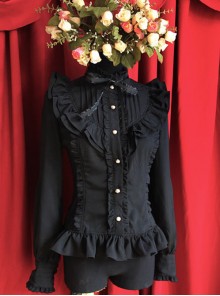 Moon's Elegy Standing Collar Accordion Pleats Black Chiffon Long Sleeve Classic Lolita Shirt