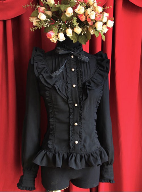 Moon's Elegy Standing Collar Accordion Pleats Black Chiffon Long Sleeve Classic Lolita Shirt