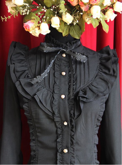 Moon's Elegy Standing Collar Accordion Pleats Black Chiffon Long Sleeve Classic Lolita Shirt