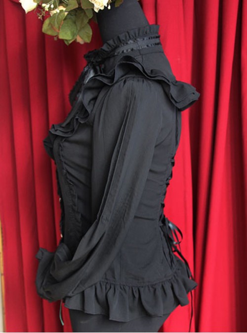 Moon's Elegy Standing Collar Accordion Pleats Black Chiffon Long Sleeve Classic Lolita Shirt