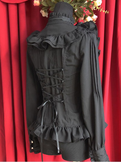 Moon's Elegy Standing Collar Accordion Pleats Black Chiffon Long Sleeve Classic Lolita Shirt