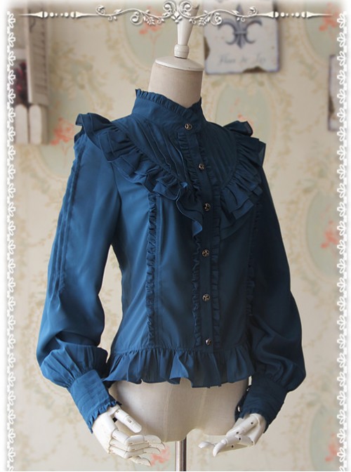 Moon's Elegy Standing Collar Accordion Pleats Deep Peacock Blue Chiffon Long Sleeve Classic Lolita Shirt