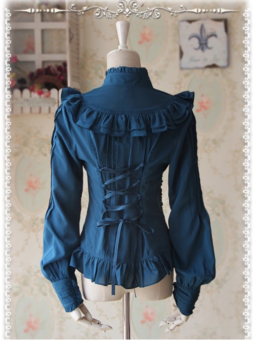 Moon's Elegy Standing Collar Accordion Pleats Deep Peacock Blue Chiffon Long Sleeve Classic Lolita Shirt