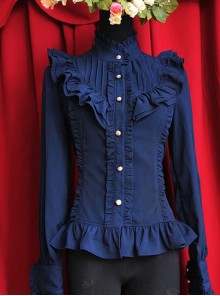 Moon's Elegy Standing Collar Accordion Pleats Dark Blue Chiffon Long Sleeve Classic Lolita Shirt