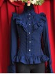 Moon's Elegy Standing Collar Accordion Pleats Dark Blue Chiffon Long Sleeve Classic Lolita Shirt