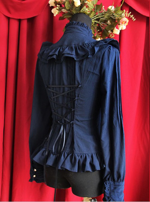 Moon's Elegy Standing Collar Accordion Pleats Dark Blue Chiffon Long Sleeve Classic Lolita Shirt