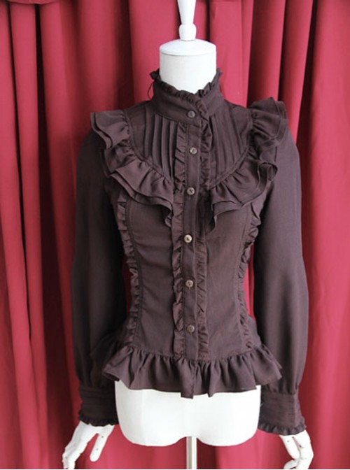 Moon's Elegy Standing Collar Accordion Pleats Brown Chiffon Long Sleeve Classic Lolita Shirt