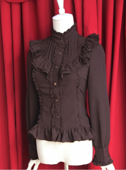 Moon's Elegy Standing Collar Accordion Pleats Brown Chiffon Long Sleeve ...