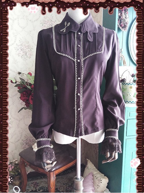 Chocolate Sauce Series Embroidery Dark Brown Long Sleeve Classic Lolita Shirt